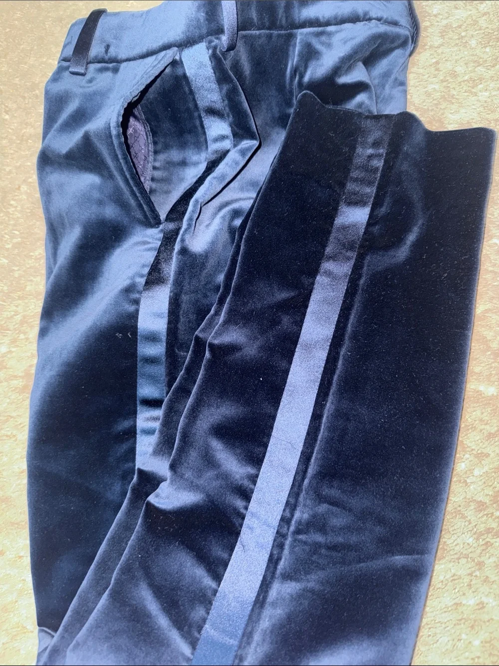 Boys Navy Corduroy Tuxedo Pants with Satin Stripe